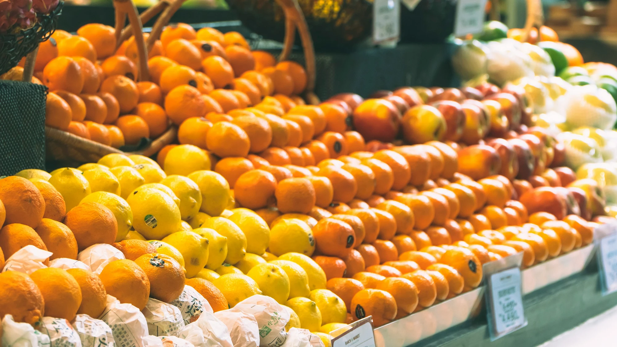 Crates of oranges at a market