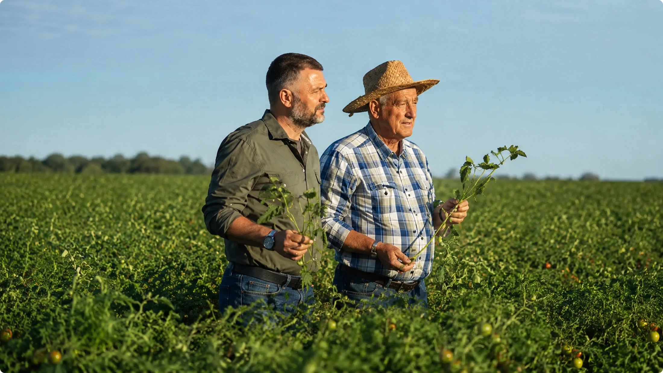 Two farmers walking through rows of crops